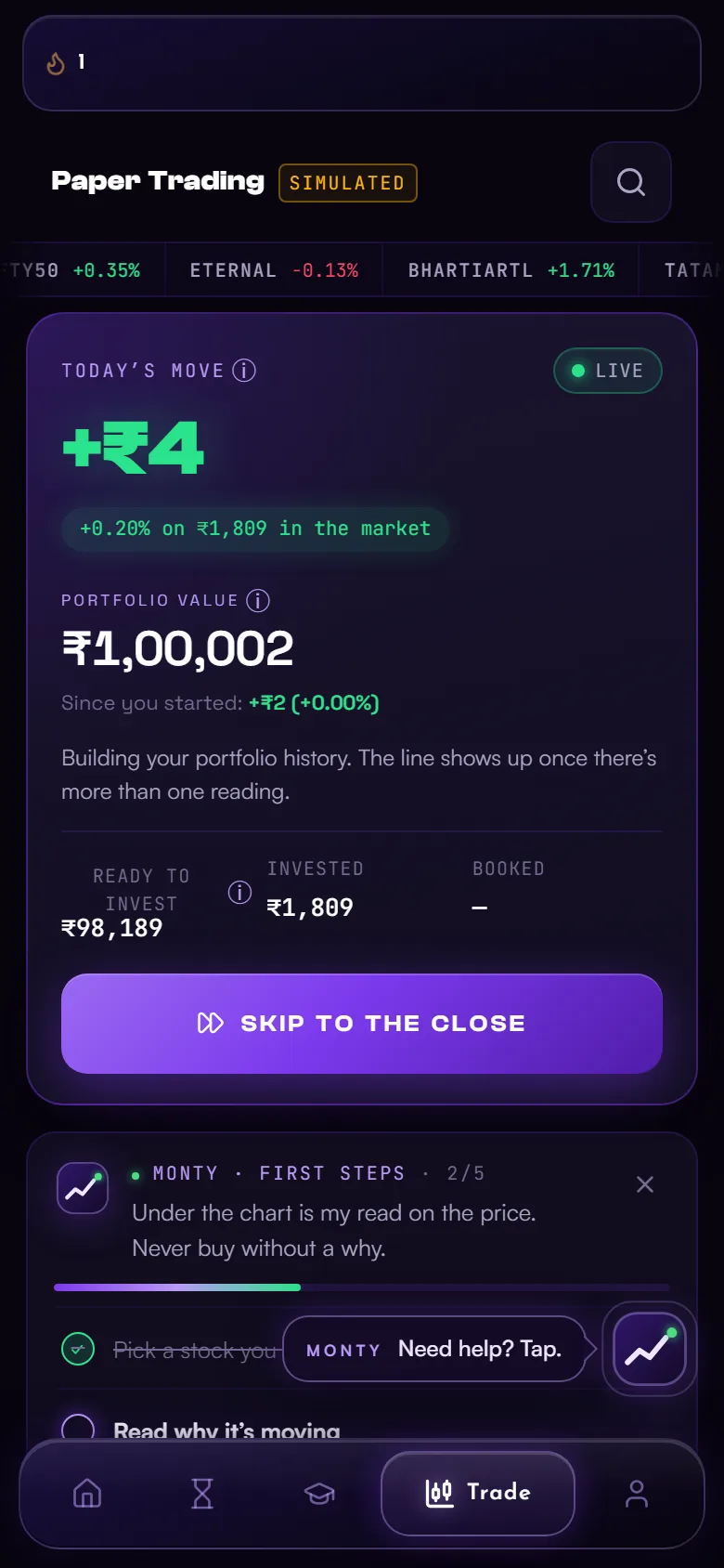 Paper trading product screenshot showing a simulated learning experience